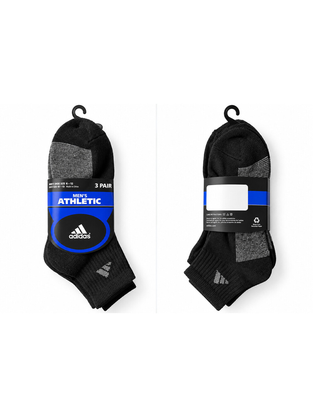 Adidas Men’s Athletic Quarter Socks 3 Pair Black Gray Shoe Size 6-12 NWT